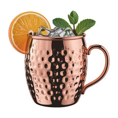 Copper Moscow Mule Mug with Orange Slice, Mint, and Ice Isolated on Black Background
