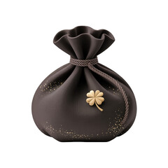 Elegant Black Fabric Gift Pouch with Golden Clover Charm Isolated on Black Background Luck Wealth and Premium Packaging Concept