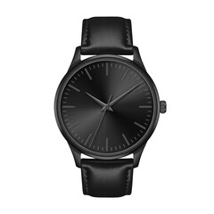 Luxury Minimalist Black Wristwatch with Leather Strap Isolated on Black Background Elegant Modern Timepiece Product Photography