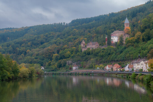 Das Bild zeigt die Burg Zwingenberg im Neckartal. 
