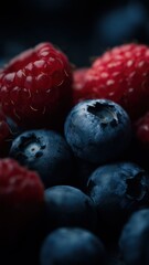Vibrant close-up of fresh blueberries and raspberries, showcasing juicy texture and rich color, perfect for commercial food and healthy lifestyle concepts