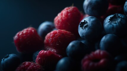 Closeup of fresh blueberries and raspberries with vibrant colors and juicy texture, perfect for commercial food, healthy lifestyle, and culinary advertising projects