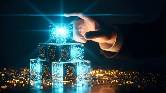 Businessman building a glowing digital block tower