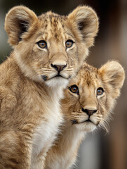 Obraz premium Two Lion Cubs Together, Cute Wildlife Photography in Natural Light