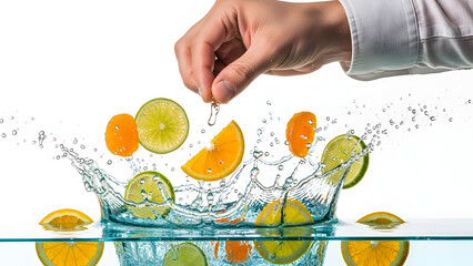 Hand dropping citrus slices into refreshing water splash