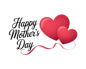 Two pink heart-shaped balloons with a red ribbon on a Transparent background with Happy Mothers Day text