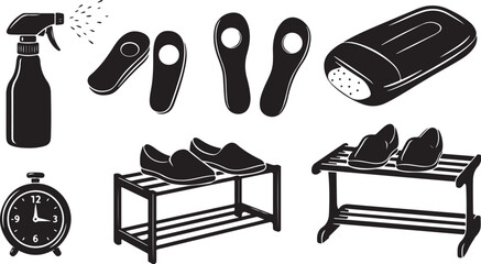 Black and white illustration of shoe care and accessories