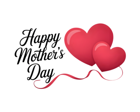 Two pink heart-shaped balloons with a red ribbon on a Transparent background with Happy Mothers Day text - Powered by Adobe
