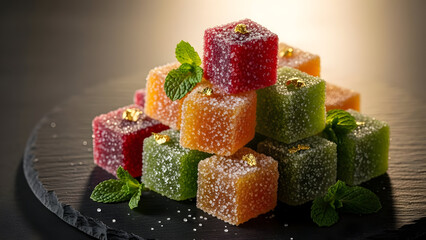 Vibrant sugar cubes stacked on black slate plate with mint
