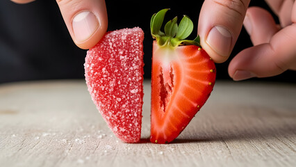 Comparing natural and sugary strawberry halves side by side