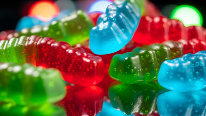 Vibrant colorful gummy bears in assorted shapes and sizes