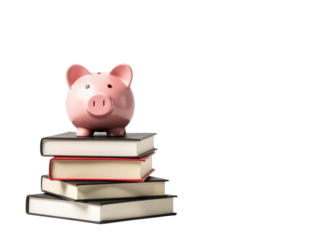 A piggy bank sits on top of a stack of books, perfect for storing coins or as a decorative item
