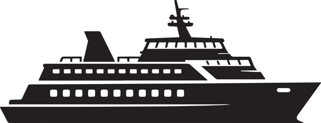 Ferry Boat Silhouette Icon, Passenger Water Transport Vessel Design Isolated on White