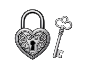 A 3 D rendered heart-shaped lock with intricate swirls and a key beside it on a transparent background
