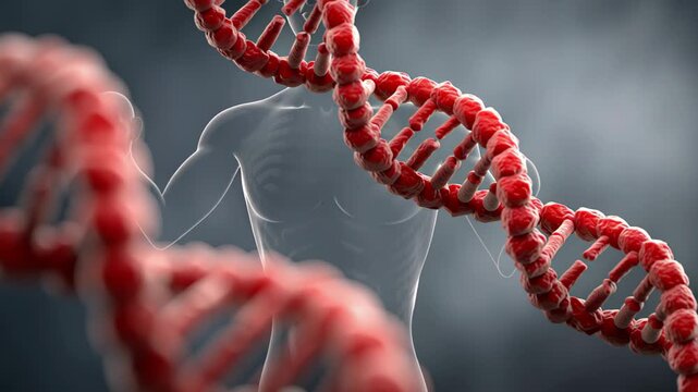 Close up of red DNA double helix structure against dark background, symbolizing genetics and molecular biology in science