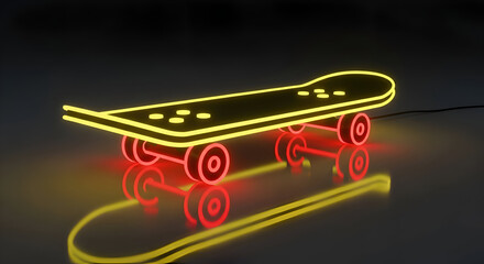 A vibrant neon skateboard sculpture glows with bright yellow and red light casting a striking reflection on a dark glossy surface evoking a sense of urban art and modern design © Fizzah