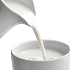 Fresh milk pouring into bowl, close-up, isolated on transparent background