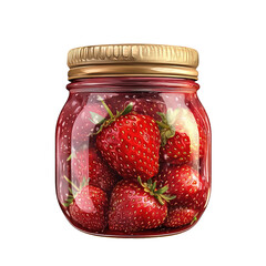 Fresh strawberries in glass jar on transparent background