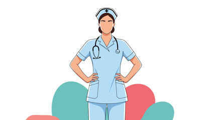 Confident female nurse wearing light blue scrubs and cap standing with hands on her hips against a clean white background.