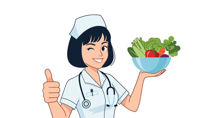 Cheerful nurse winking and giving a thumbs up while holding a bowl of fresh vegetables to promote healthy eating habits.