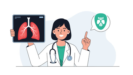 Professional female doctor showing lung x-ray and pointing up while providing medical consultation about respiratory health.