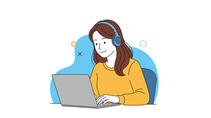 Young woman wearing blue headphones and working on her laptop computer at home or office while maintaining a focused smile.