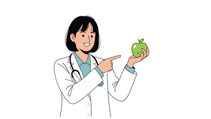 Smiling female doctor in white coat pointing at a green apple to encourage healthy nutrition and preventative care.