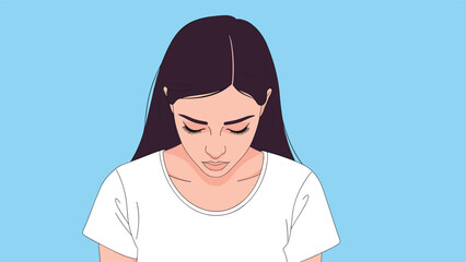 Young woman with dark hair looking down with a somber and pensive expression while standing against a plain blue background.