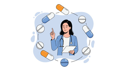 Competent female doctor in blue uniform surrounded by various pills and capsules explaining medication and treatment plan.