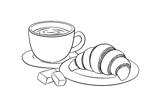 Minimalist line art depicting a comforting breakfast scenario, with a warm beverage, croissant, and chocolate, perfect for a relaxing morning concept
