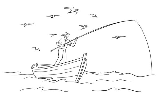A dedicated lone fisherman in his small boat at sea, engaged in the timeless pursuit of angling, as a flock of seagulls hovers expectantly above the dynamic water surface