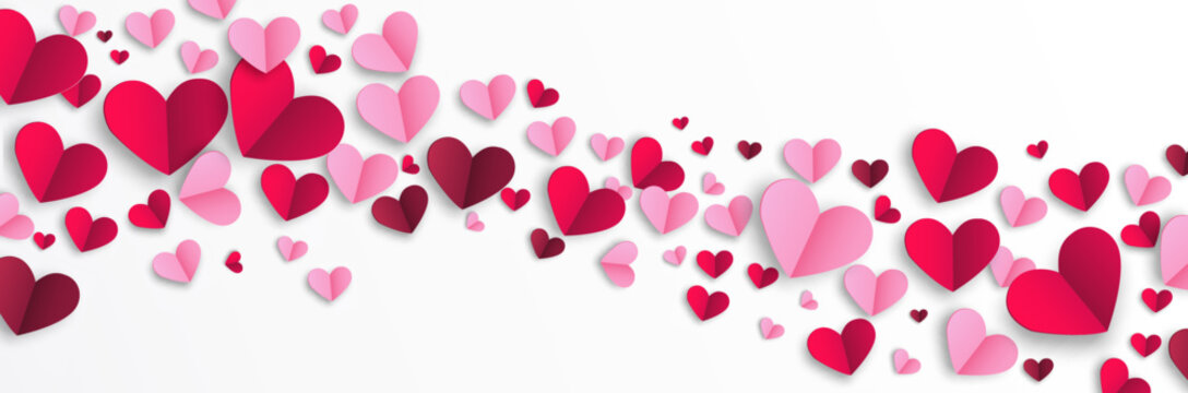 Background with paper cut hearts for wedding, Mother&rsquo;s, Valentine&rsquo;s day, birthday card decoration. Love border. Red and pink hearts frame