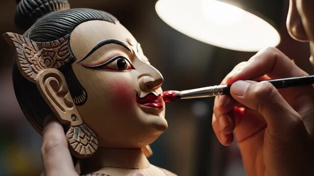 Artisan painting the lips of a traditional wooden puppet.