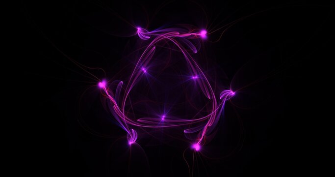 Abstract Luminous Triangular Sigil with Glowing Pink Plasma Paths and Orbiting Energy Sparks on Dark Mystic Background

