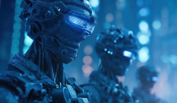 Futuristic cyborgs with illuminated visors in a dim high tech environment