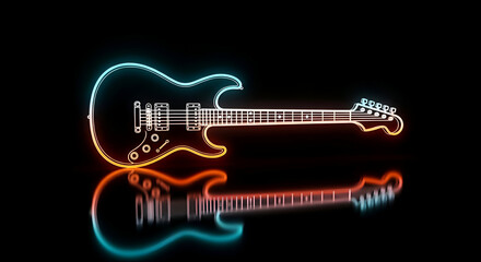 Fototapeta na wymiar A vibrant neon outline of an electric guitar is illuminated against a dark background casting a colorful reflection below symbolizing music and creativity