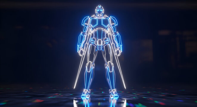 Futuristic glowing robot warrior with neon blue lights and swords standing in a dark environment with reflections on the floor