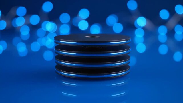 Stack of black CDs with blue neon lights and soft blue bokeh background.