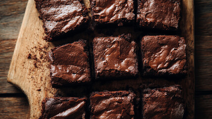Chocolate brownie squares on cutting board, top view