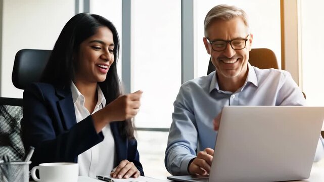 Business professionals collaborating while looking at laptop screen