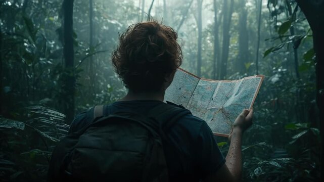 Footage A person examining a map while wearing a backpack, great for adventure travel or outdoor-themed projects