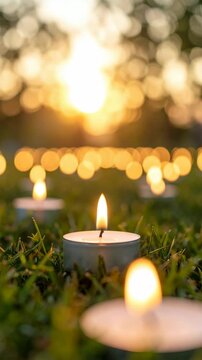 Glowing tea light candles illuminate a grassy field during a vibrant sunset, creating a warm and inviting atmosphere.