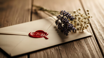 Love letter envelope with heart wax seal and dried flowers