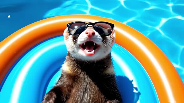 A ferret lounges on a colorful inflatable ring in a swimming pool. The ferret wears sunglasses and appears to be enjoying the sunny day.