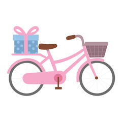Cute pink bicycle with gift box and basket flat illustration. Suitable for clip art, stickers, flat design illustration, etc