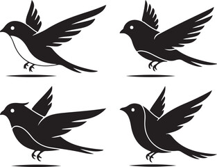 Obraz premium Four Flying Bird Silhouettes in Black and White Vector Art, Ideal for Various Design Applications