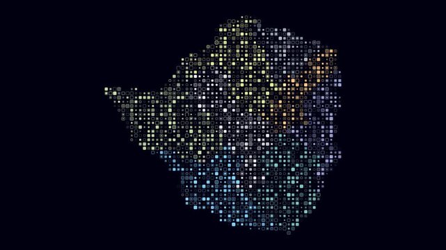 Zimbabwe animated country shape. Pulsating colored dots on the map of the country. Small size rounded square blocks. Digital style Zimbabwe map on dark background. Amazing animation video.