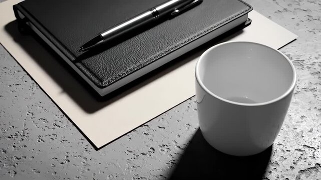 Notebook, pen, and cup on a table, perfect for work or study.
