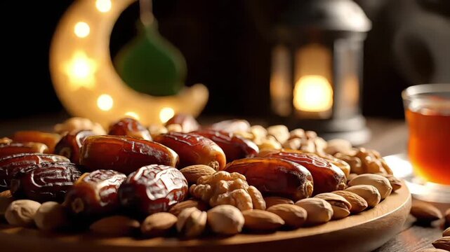 A wooden plate filled with dates and nuts on a table with a lantern and crescent moon decoration in the background for a Ramadan iftar celebration with warm lighting.
