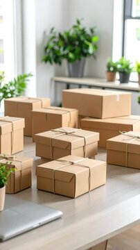 Brown cardboard boxes tied with string displayed on desk near potted plants and laptop in office space